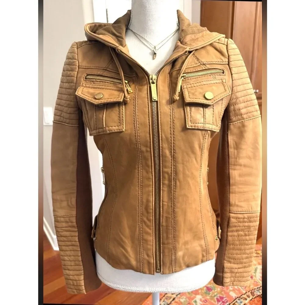 MICHAEL KORS LEATHER HOODIE BIKER TRUCKER JACKET 2K BOHO SOFT NUBUCK  POCKETS XS